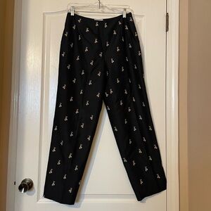 Talbots Vintage 90s Black 100% Silk Tan Tassel Embroidered Ankle Pants Size 8